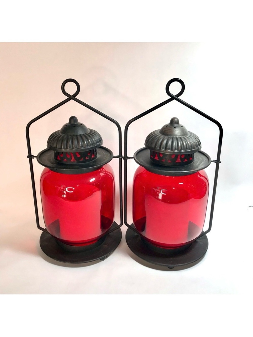 Red Glass Black Metal Battery Operated Candle Lanterns
